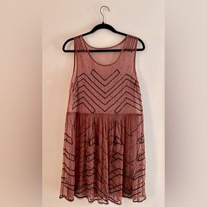 Free People Sheer Dress | Beaded Overlay w/ Black Beads over Burgundy Netting